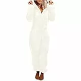 EMATOP Jumpsuit Damen Kuschelig Einteiler Onesie Teddy Fleece Overall Lang Flauschig Schlafanzug Casual Einfarbig Ganzkörperanzug Warm Hausanzug mit Kapuze Schlafoverall Angebot des Tages Heute