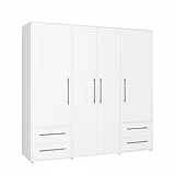 FORTE Jupiter Schrank 200 210, weißer Kleiderschrank, Drehtürenschrank, 3-türig, mit 2 Schubladen und Einlegeböden, Weiß, 206 cm breit x 59 cm tief x 200 cm hoch