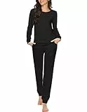Ekouaer Damen Schlafanzug Langarm Baumwolle Pyjamas Set Zweiteiliger Nachtwäsche Bequemer und Lang Schlafanzughosen Sleepwear Hausanzug, Schwarz M