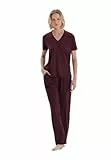 Dagi Women's Short Sleeve V-Neck Basic Viscose T-Shirt Pants Pajama Set, Bordeaux, S