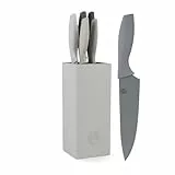 MasterChef Messerblock mit Messer, Kuchenmesser Set mit Santokumesser, Brotmesser, Kochmesser, Gemüsemesser und Allzweckmesser, Edelstahl, Scharfes, 5-teilig, Schwarz, Soft-Touch-Griffe