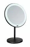 WENKO LED Stand-Kosmetikspiegel Onno, dimmbarer Spiegel mit LED-Beleuchtung und 5-Fach Vergrößerung, EIN-/Ausschalten per Touch-Funktion, Betrieb mit Batterien oder USB-Kabel, 20x34x13,5 cm, Schwarz