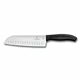 Victorinox Swiss Classic Santokumesser, Messer Asiatischer Art, Extra Scharfe Klinge, Kullenschliff, 17 cm, Rostfreier Stahl, Blister, Schwarz