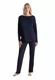 Dagi Women's Navy Satin Garnished Long Sleeve T-Shirt Trousers Pajama Set, XL