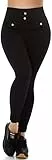 Jela London Damen High Waist Thermo Leggings Fleece gerippt Deko Knöpfe, Schwarz