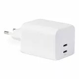 Amazon Basics USB-C-Wandladegerät mit Nano-GaN-Technologie und Schnellladefunktion, 65W, 2 Anschlüsse für Laptops, Tablets, Telefone, Weiß