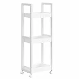SONGMICS Rollwagen, Badregal, Badezimmerregal mit 3 Ebenen, Nischenregal Bambus, Regal schmal, Nischenwagen auf Rollen, platzsparend, 20 x 30 x 80 cm, weiß BCB083W01
