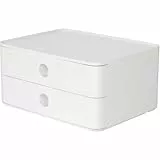 HAN Schubladenbox Allison SMART-BOX mit 2 Schubladen und Trennwand, Kabelführung, stapelbar, Utensilienbox für Büro, Schreibtisch Küche, möbelschonende Gummifüße, 1120-12, hochglänzend, snow white