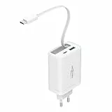 ANSMANN USB Ladegerät mit integriertem Kabel, 30W Power Delivery Schnellladegerät für USB C & A mit Integriertem Ladekabel Kompaktes Reiseladegerät