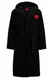 HUGO Herren Terry Gown Hooded Morgenmantel aus Baumwoll-Terry mit rotem Logo-Label, Schwarz 1,L