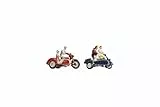 NOCH H0 Figuren Motorradfahrer, handkolorierte Miniaturfiguren für Modellbahn H0, Set aus 4 Figuren und 2 Motorrädern mit Beiwagen