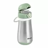 Béaba, Trinkflasche aus Edelstahl für Kinder, 2-in-1, Trinkflasche/Glas, Push-Knopf erleichtert das Öffnen, robust, gesund, abnehmbare Griffe, Edelstahl, 350 ml, Salbeigrün