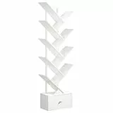 HOOBRO Bücherregal mit Schublade, Standregal mit 9 Ebenen, Baumförmiges Bücherregal, DVD Regal, Bücherturm Freistehend, für Wohnzimmer, Schlafzimmer, Heimbüro, Weiß EWW18SJ01G1