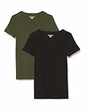 Amazon Essentials Damen Kurzärmeliges T-Shirt mit V-Ausschnitt, Schmale Passform, 2er-Pack, Dunkles Olivgrün/Schwarz, L