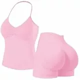 Nahtlose Fitness-Sets für Damen, 2-teiliges Neckholder-Crop-Top, Sport-BHs, versteckte Scrunch-Shorts, Yoga-Outfits, Activewear-Trainingsanzug, rose, 38