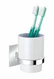 WENKO Turbo-Loc Zahnputzbecher Quadro, Wandhalter ohne Bohren, Becher aus Kunststoff in Weiß, herausnehmbar, 7 x 10 x 9,5 cm, Spezialklebepad