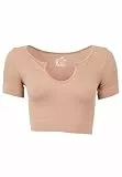 Leif Nelson Sport BH Damen Crop Top Bauchfrei Seamless Kurzarm Fitness T-Shirt Mädchen Sport Shirt Yoga Kurzarmshirts LN-8419 Braun XS/S