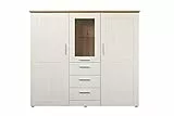 trendteam smart living - Shade - Schrank - Weiß/Eiche - Highboard mit 3 Türen, 3 Schubladen, 2 Kleiderböden, 4 Einlegeböden und 1 Glasboden - (BxHxT) 159 x 140 x 41 cm - silberfarbene Griffe