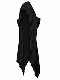 Runcati Herren Rüschen Jacke Lange Kapuze Ärmellos Schal Kragen Cardigan Drapiert Einfarbige Leichte Cape Mantel,Schwarz,XL