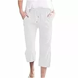 KOG Angebote 3/4 Hose Damen Leinenhose Mode Sommerhose Leinen Elegante Cargohosen Frauen Jogginghose Einfarbig Elegant Yoga Hose Schwarze Arbeitshosen Lang Mittelalter Hose Prime Weiß XXL