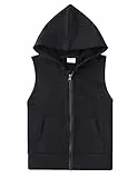 Spring&Gege Jungen Ärmellos Einfarbig Baumwoll Hoodie Kapuzenweste mit durchgehendem Reißverschluss Basic Tanktops Sweatshirt mit Taschen für Kinder, Schwarz, 11-12 Jahre