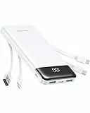 Charmast Power Bank, Slim 10000mAh Powerbank mit 4 Kabel und LED-Display, 6 Ausgängen Klein Aber Stark USB C Externe Handyakkus Kompatibel mit iPhone 17 16 15 14 13 12 11 Pro Max Samsung Tablet (weiß)