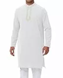 NANAMEEI Kurta Thobe Herren-Kaftan mit Knopfleiste, langärmelig, Baumwolle, Leinen, muslimischer Kaftan, M-3XL, Weiss/opulenter Garten, Medium