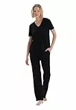 Dagi Women's Short Sleeve V-Neck Basic Viscose T-Shirt Pants Pajama Set, Black, L