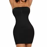 ONEW Miederkleid Damen Nahtlose Bandeau Unterkleid Bauchweg Shapewear Kleid Figurformende Shaping Formkleid Full Slip mit Abnehmbare Spaghettiträger, Schwarz, M