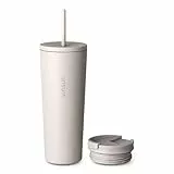 VINSUN Thermobecher mit Strohhalm 720ml - Auslaufsicher, Edelstahl, doppelwandig isoliert - Heiß & Kaltgetränke - Kaffeebecher beige mit zwei Deckeln für Auto, Büro