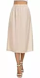 Vlazom Damen Satin Unterrock Lang Rock Petticoat mit Spitze Elastische Taille Halbe Slips für Unterkleider（L，Nude）