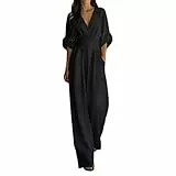Generisch Jumpsuit Damen Sommer Elegant Mit Ärmel Overall Festlich Lang Tailliert Hosenanzug Hochzeitsgast Weites Bein Jumpsuits V Ausschnitt Buisness Romper Frauen Halbarm mit Tasche Playsuit