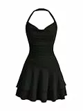 SweatyRocks Damen A Linien Kleid Neckholder Kleid mit Rüschen Ärmelloses Sommerkleid Mehrschichtiges Minikleid Freizeitkleid Schwarz M
