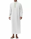NANAMEEI Kaftan Herren Langarm Baumwolle Leinen Stehkragen Thobe mit Knopfleiste Zwei Seitentaschen Islamische Kleidung Herren Weiß M
