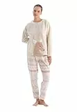 Dagi Damen Deer Patterned Printed Pajama Set, Ecru, S EU