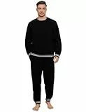 UMIPUBO Schlafanzug Herren Lang Zweiteiliger Fleece Schlafanzüge Pyjama Set 2-Teiliges Winter für Männer Langarm Rundhals Oberteil und Schlafanzughose Tasche M-XXL (Schwarz, XL)