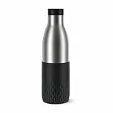 Emsa Bludrop Sleeve Isolier-Trinkflasche, 0,7 Liter, 100% dicht, Quick-Press Verschluss, Ergonomischer 360° Trinkgenuss,12h warm, 24h kühl, spülmaschinenfest, Edelstahl, Schwarz, N31111