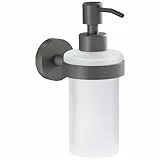 tesa Moon Grey Seifenspender, matt grau, Pumpspender aus satiniertem Glas, 200 ml - für Bäder im Industrial Style und Moderne Badezimmer - bohrfrei, inkl. Klebelösung - 70mm x 171mm x 119mm