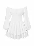 Acrawnni Damen Puffärmel Off Shoulder Shorts Romper Quadratischer Hals Geraffte A Line Flowy Swing Kleid Smocked Layered Piratenkostüm Damen (A-White, M)