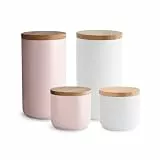 SPRINGLANE Keramik Vorratsdosen mit Holzdeckel Sweet Scandi, Kautschukholz-Deckel, Aufbewahrungsdosen, Frischhaltedosen - 1x Weiß: 10x9cm (2x Weiß - 2x Rosa, 4 Stück)