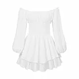 IBTOM CASTLE Boho Romper für Frauen Damen Vintage High Waist Playsuit Schulterfreies jumpsuit kurz Kleid Volant Kleid Minikleid Hochzeit Strandkleid Overall Weiß M