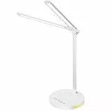 Qualore Schreibtischlampe, Schreibtischlampe LED 15W mit Doppelarm, Nachtlicht, 5 Helligkeitsstufen und 5 Farb, USB Anschluss, Auto Timer, Touchpanel Nachttischlampe für Kinder Mädchen (Silver)