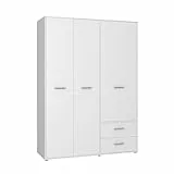 FORTE Jupiter Schrank 140 150, weißer Kleiderschrank, Drehtürenschrank, 3-türig, mit 2 Schubladen und Einlegeböden, Weiß, 145 cm breit x 53 cm tief x 200 cm hoch