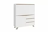 byLIVING Sekretär Valentin/Sekretär matt weiß mit Absetzung in Eiche-Optik/Office-Schrank mit 1 Tür und 3 Schubkästen/Scandi-Style/Grifflos/B 120, H 127, T 38 cm