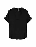 VERO MODA Damen Top Casual Splitneck umgeschlagene Ärmelbündchen Bluse Kurzarm, Farben:Schwarz, Größe:L