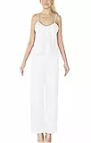 Damen Pyjama Set aus Satin – 2-teiliges Schlafanzug Set mit Spaghettiträger Top & Langer Hose – Elegante Nachtwäsche & Loungewear für Frauen – Weich, luftig, bequem (L, Ekri)