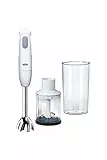 Braun MultiQuick 1 MQ 120 Pesto Stabmixer - Pürierstab mit abnehmbarem Edelstahl Mixfuß mit PowerBell Technologie, inkl. 600 ml Mix- und Messbecher und Zerkleinerer, 450 Watt, Weiß