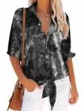 Saodimallsu Damen Bluse V Ausschnitt Shirts Lose Tie-Dye Hemd Schick Langarmshirt Sommer Tops, Schwarz, XL