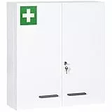 kleankin Medizinschrank, 2-türiger Medikamentenschrank, Abschließbarer Arzneischrank mit 6 Einlegeböden, Erste Hilfe Schrank für Medikamente und Verbandszeug, Stahl, Weiß, 55 x 18 x 60 cm
