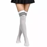 Aomig Damen Overknees Strümpfe, 1 Paar Dünne Einfarbig Gestreifte Lange Kniestrümpfe Mädchen, Lässige Kniehohe Socks für den Alltag, Weihnachten und Halloween Cosplay（Weiße Streifen）